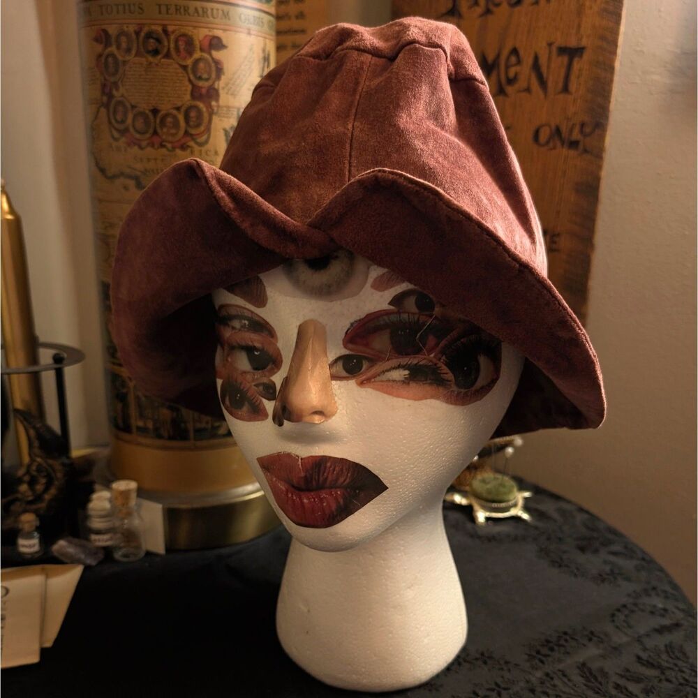 Vintage Suede Leather Floppy Cloche Bucket Hat Women's Small Brown